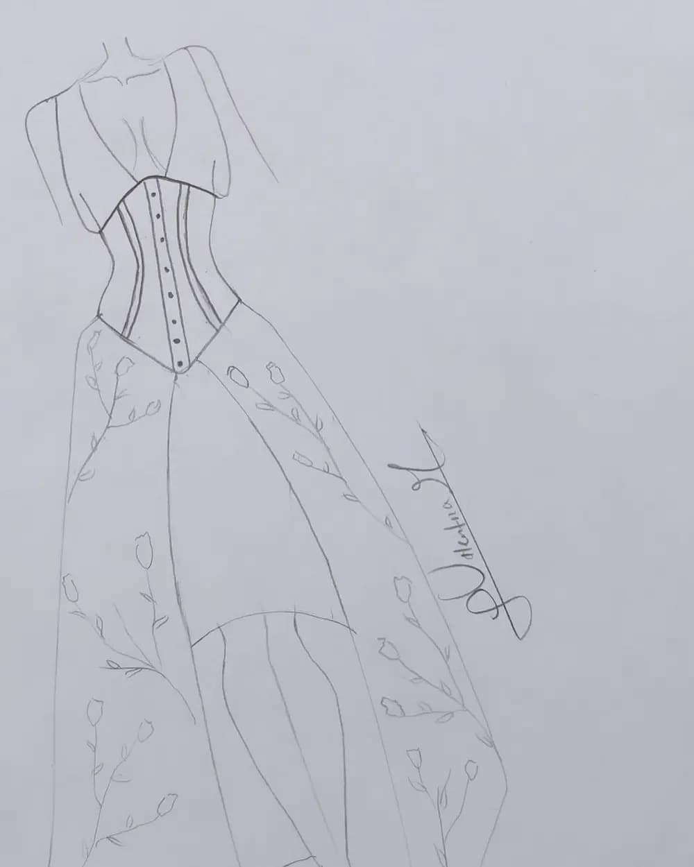 Boceto a lápiz de un vestido corset con bordado floral y cola larga